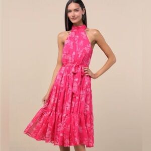 High Neck Bright Pink Floral Maxi Dress